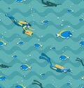 Diving girls, scooter and tropical fish. Seamless pattern. Royalty Free Stock Photo
