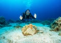 Female scuba diver in front of an ancient Greek, sunken Amphora in the Aegean Sea