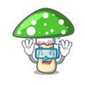 Diving green amanita mushroom character cartoon