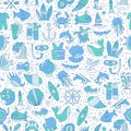 Diving hand draw cartoon seamless pattern. Diving and water sport and adventure repeatable background with diving and