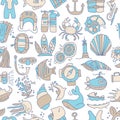 Diving hand draw cartoon seamless pattern. Diving and water sport and adventure repeatable background with diving and