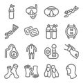 Diving icon illustration vector set. Contains such icons as goggles, scuba, watch, suit, tanks, gloves, and more. Expanded Stroke Royalty Free Stock Photo