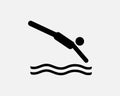 Diving Icon Man Dive Jump Jumping into Water Pool Swim Swimming Vector Black White Silhouette Symbol Sign Graphic Clipart Artwork Royalty Free Stock Photo