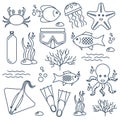 Diving icons set with fish and equipment