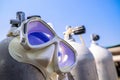 A diving mask hanging on the oxygen tank for scuba diving Royalty Free Stock Photo