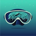 Diving mask with scuba diver on reflection. Diving on coral reef. Extreme sport vector background. Double exposure Royalty Free Stock Photo