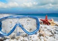 Diving mask and shells under clouds Royalty Free Stock Photo