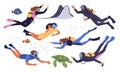 Diving people. Scuba divers with gear and balloons. Underwater swimming. Cartoon frogman. Marine animals. Ocean stingray