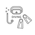 Diving poster. Flippers, snorkel tube, mask. Set of linear scuba icon. Black simple illustration for equipment rental, swimming