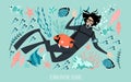 Diving school banner template with a diver girl surrounded by fish, algae and other inhabitants of the coral reef