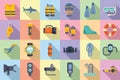 Diving school icons set flat vector. Beach active