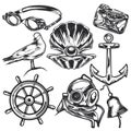 Diving scuba black silhouette icons set of underwater sport symbols isolated vector Royalty Free Stock Photo