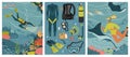 Diving with scuba gear and snorkeling mask scene set