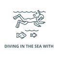 Diving in the sea with  line icon, vector. Diving in the sea with  outline sign, concept symbol, flat illustration Royalty Free Stock Photo