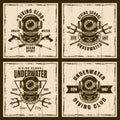 Diving set of four vector brown vintage emblems Royalty Free Stock Photo