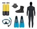 Diving set. Realistic items for divers swimming accessories tanks flippers life buoys scuba rubber costume decent vector Royalty Free Stock Photo