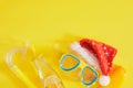 diving set, santa claus hat, sun cream and a bottle of lemonade, Christmas holidays on the beach in a warm country Royalty Free Stock Photo