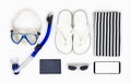 Diving snorkel, mask and beach clothes isolated on white background Royalty Free Stock Photo