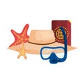 diving snorkel mask and passport with straw hat