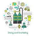 Diving Snorkeling Scuba Equipment Line Art Icons