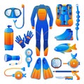 Diving, snorkelling equipment, icons, design elements, isolated on white background. Vector flat cartoon illustration