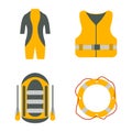 Diving suit, life jacket, raft, lifebuoy flat icons. Tourism equ