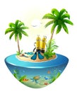 Diving in tropical sea off paradise island. Beach vacation, palm tree, diving mask, oxygen tank, fin, underwater world Royalty Free Stock Photo