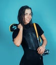 Diving and underwater video shooting. Sexy woman with underwater camera equipment. Sensual underwater diver with wet Royalty Free Stock Photo