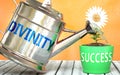 Divinity helps achieving success - pictured as word Divinity on a watering can to symbolize that Divinity makes success grow and