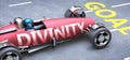 Divinity helps reaching goals, pictured as a race car with a phrase Divinity on a track as a metaphor of Divinity playing vital