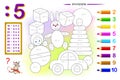 Division by number 5. Math exercises for kids. Paint the picture. Educational page for mathematics book.