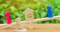 Division of property by legal means. clarification of ownership of the house. wooden figures of people. man and woman are standing Royalty Free Stock Photo