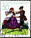 02 08 2020 Divnoe Stavropol Krai Russia the postage stamp Germany 1981 EUROPA Stamps - Folklore South German couple dancing in