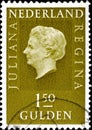 02 08 2020 Divnoe Stavropol Krai Russia postage stamp Netherlands 1971 QUeen Juliana profile bells on the yellow background