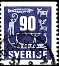 02 10 2020 Divnoe Stavropol Krai Russia the postage stamp Sweden 1954 Rock Carvings fish deer animals rowing on a boat