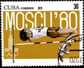 01 16 2020 Divnoe Stavropol Territory Russia Postage Stamp Cuba 1979 Pre-Olympics, Moscow 1980 Athletics High Jumper Jumps Over a