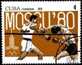 01 16 2020 Divnoe Stavropol Territory Russia postage stamp Cuba 1979 Pre-Olympics, Moscow 1980 boxing boxing match against the red
