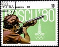 01 16 2020 Divnoe Stavropol Territory Russia postage stamp Cuba 1979 Pre-Olympics, Moscow 1980 shooting a shooter shoots a rifle