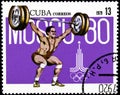 01 16 2020 Divnoe Stavropol Territory Russia postage stamp Cuba 1979 Pre-Olympics, Moscow 1980 weightlifting weightlifter lifts