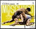 01 16 2020 Divnoe Stavropol Territory Russia postage stamp Cuba 1979 Pre-Olympics, Moscow 1980 wrestling match wrestlers on the