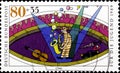 02 09 2020 Divnoe Stavropol Territory Russia the postage stamp Germany 1989 Circus Clown plays the saxophone in the arena
