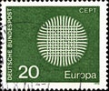 02 08 2020 Divnoe Stavropol Territory Russia postage stamp Germany 1970 EUROPA Stamps Flaming Sun on the green background Royalty Free Stock Photo
