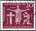 02 09 2020 Divnoe Stavropol Territory Russia the postage stamp Germany 1962 The German Annual Day of Catholism Hannover ross and