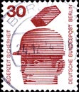02 09 2020 Divnoe Stavropol Territory Russia the postage stamp Germany West Berlin 1971 Information about Accidents Hard hat brick