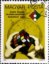 02 08 2020 Divnoe Stavropol Territory Russia postage stamp Hungary 1982 World Championship in Rubik s Cube Turning hands