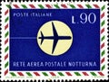 02 10 2020 Divnoe Stavropol Territory Russia Postage Stamp Italy 1965 Night Air Postal Network airplane in the blue frame