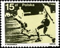 01 16 2020 Divnoe Stavropol Territory Russia postage stamp Poland 1983 Football World Cup in Spain 1982 fragment of the football Royalty Free Stock Photo