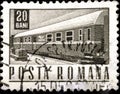 02 11 2020 Divnoe Stavropol Territory Russia the postage stamp Romania 1967 Transport Communication postal car near the railway