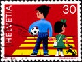 02 08 2020 Divnoe Stavropol Territory Russia the postage stamp Switzerland 1969 Children in Traffic Children at pedestrian