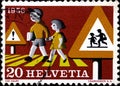 02.09.2020 Divnoe Stavropol Territory Russia the postage stamp Switzerland 1956 Prevention of accidents Children on crosswalk road